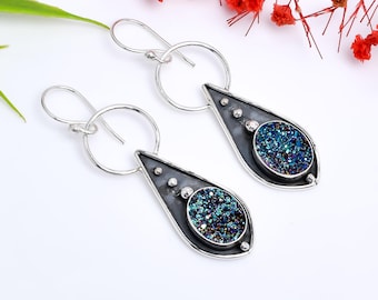 Handmade Sterling Silver Titanium Agate Druzy Earrings: Peacock Dangle