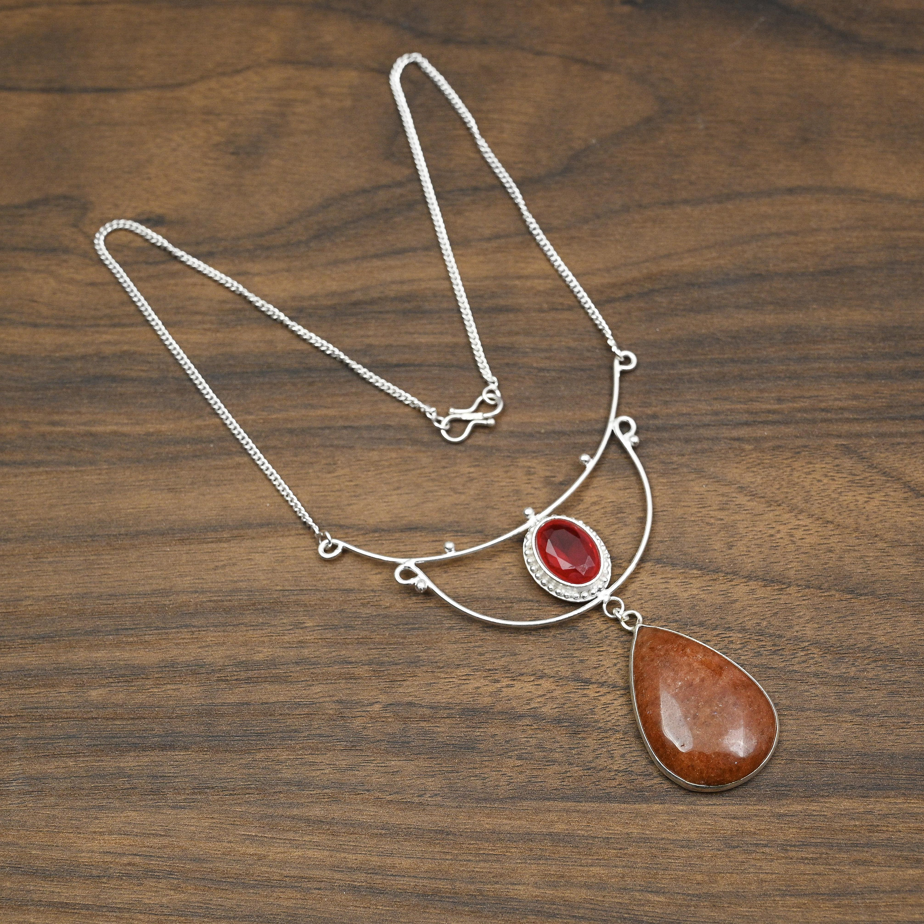 Collier En Argent Sterling 925 Avec Pierre Soleil Rouge - Fait Main, Longueur 18 Pouces, Réglable