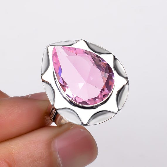 ピンククンツァイト925スターリングシルバーリング：デザイナー宝石