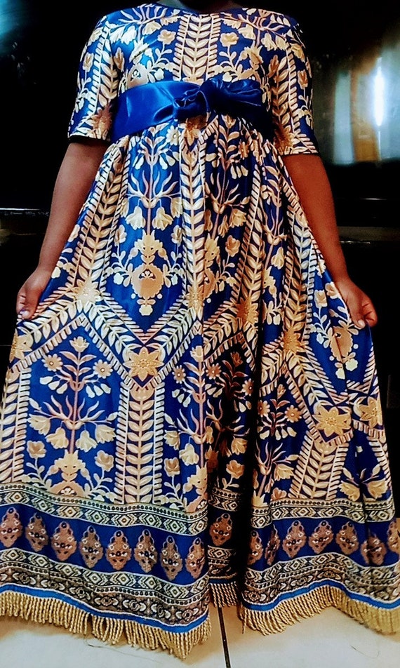 Hebrew Israelites Blue and gold dress for girls with gold fringe