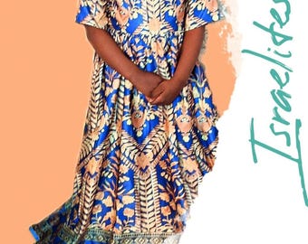Hebrew Israelites Blue and gold dress for girls with gold fringe