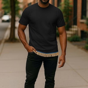 Hebrew Israelite  Black T-shirts with Fringes, blue ribbon