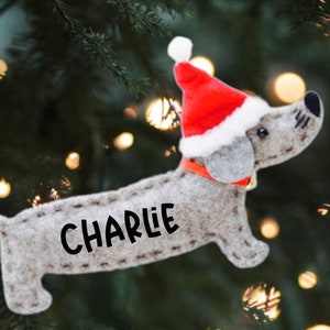 Personalized Dachshund Ornament • Gray Dog w/ Name • Custom Dog Gifts • Sausage Dog Ornament •
