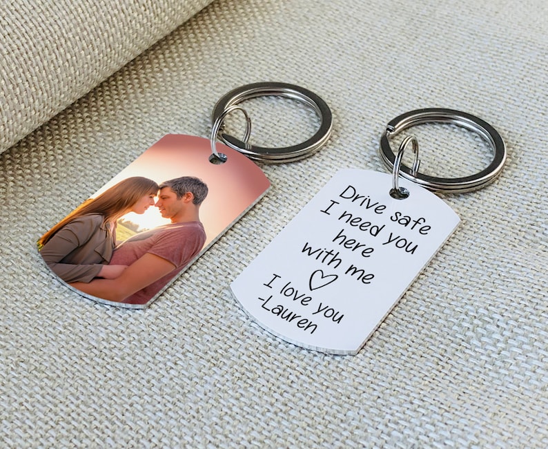 Drive safe i need you here with me keychain | Dog Tag Photo Keychain | Boyfriend Birthday Gift | Custom Key Ring | Double Sided Keychain