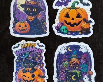 Autocollants à paillettes holographiques d'Halloween | Chat noir, citrouille, chaudron de sorcière
