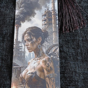 Diesel Punk Apocalypse Laminated Bookmark 2x7 - Post Apocalyptic Woman Industrial Wasteland with Tassel