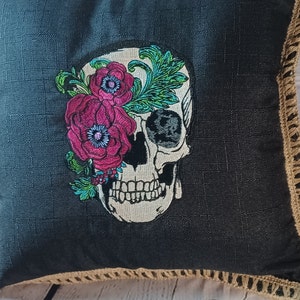 Gothic Skull with Red Rose Embroidered Throw Pillow Cover - Dark Aesthetic Home Decor