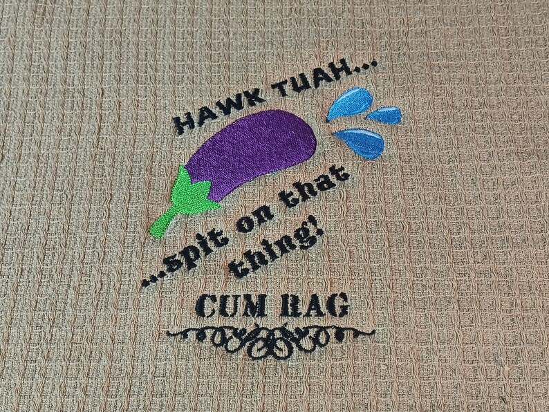 Tan Embroidered HAWK TUAH Cum Rag With Squirting Eggplant Etsy