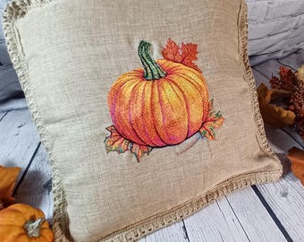 Farmhouse Style Throw Pillow Cover with Embroidered Autumn Theme – Fall Decor