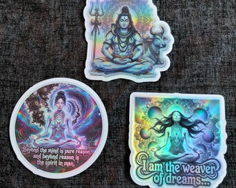 Lot de 3 autocollants holographiques psychédéliques | Mysticisme hindou et féminin sacré | Autocollants en vinyle résistant à l'eau