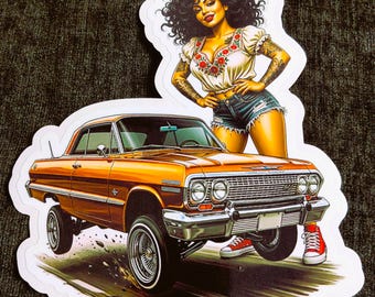 Autocollant vintage Lowrider Chevy Impala | Chicana Beauty | Laminé, imperméable et résistant aux UV | 4 tailles