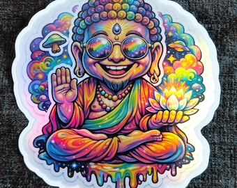 Autocollant Bouddha psychédélique holographique | Sticker vinyle Zen arc-en-ciel | 3 tailles