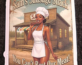 Autocollant Sam's Sausage Shack – Notre viande est imbattable | Style plaque en métal vieilli | Laminé