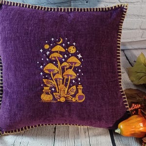 Purple Forest Core Throw Pillow Cover - Boho Embroidered Mystic Mushroom Design