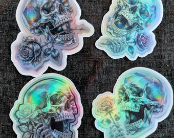 Autocollants holographiques gothiques tête de mort et rose | Découpés à l'emporte-pièce | Motif individuel ou ensemble complet | Autocollant pour ordinateur portable