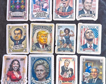 Timbres-poste satiriques de style vintage – Lot de 12 ou à l'unité, caricatures anti-establishment