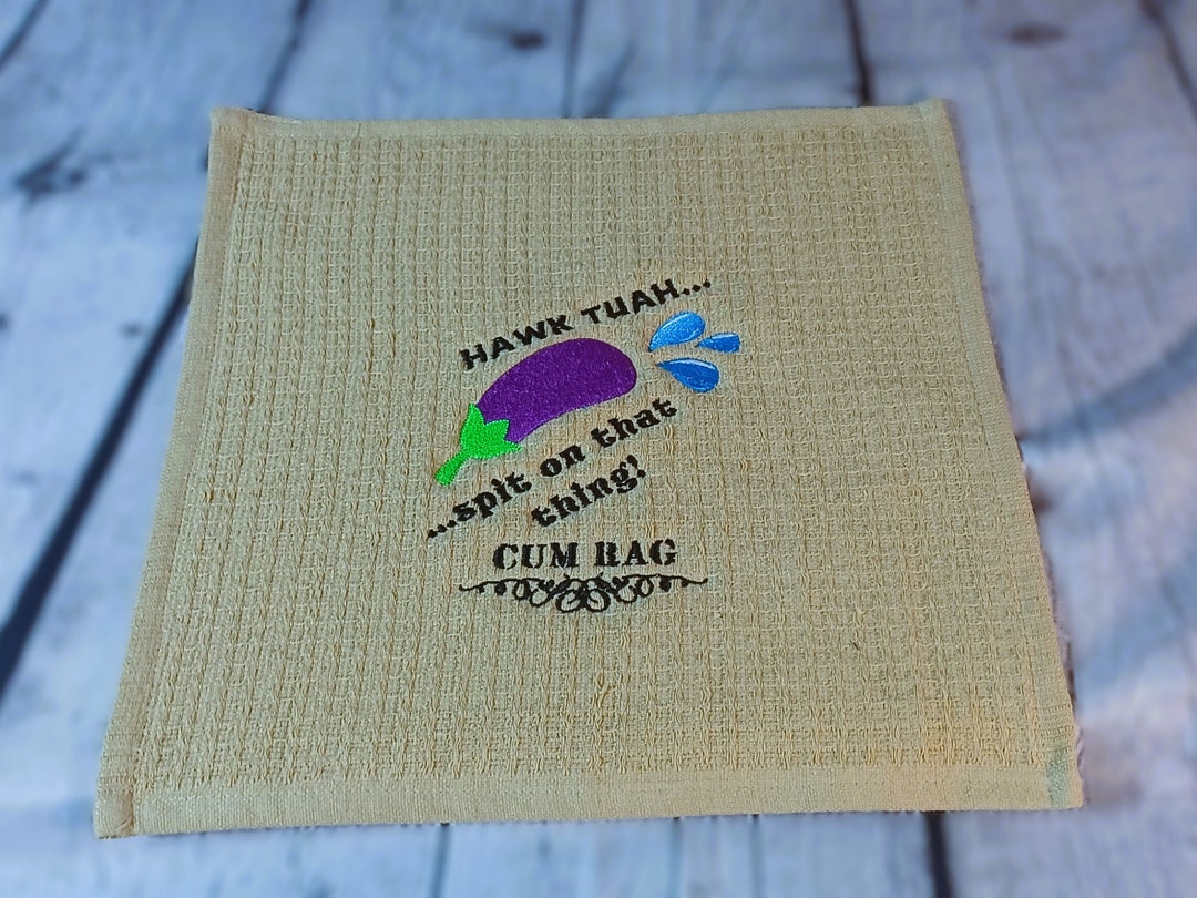 Tan Embroidered HAWK TUAH Cum Rag With Squirting Eggplant Etsy