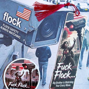 May include: A rectangular bookmark and a circular sticker featuring a surveillance camera graphic, the text "Fuck Flock... Big Brother is Watching Your Every Move," and an American flag. The bookmark includes a red tassel attached to the top corner.