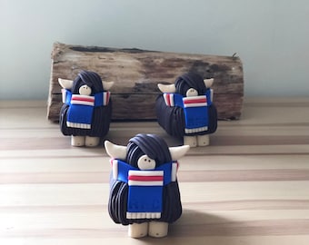 Handmade Polymer Clay Highland Cow, Rangers FC Scarf