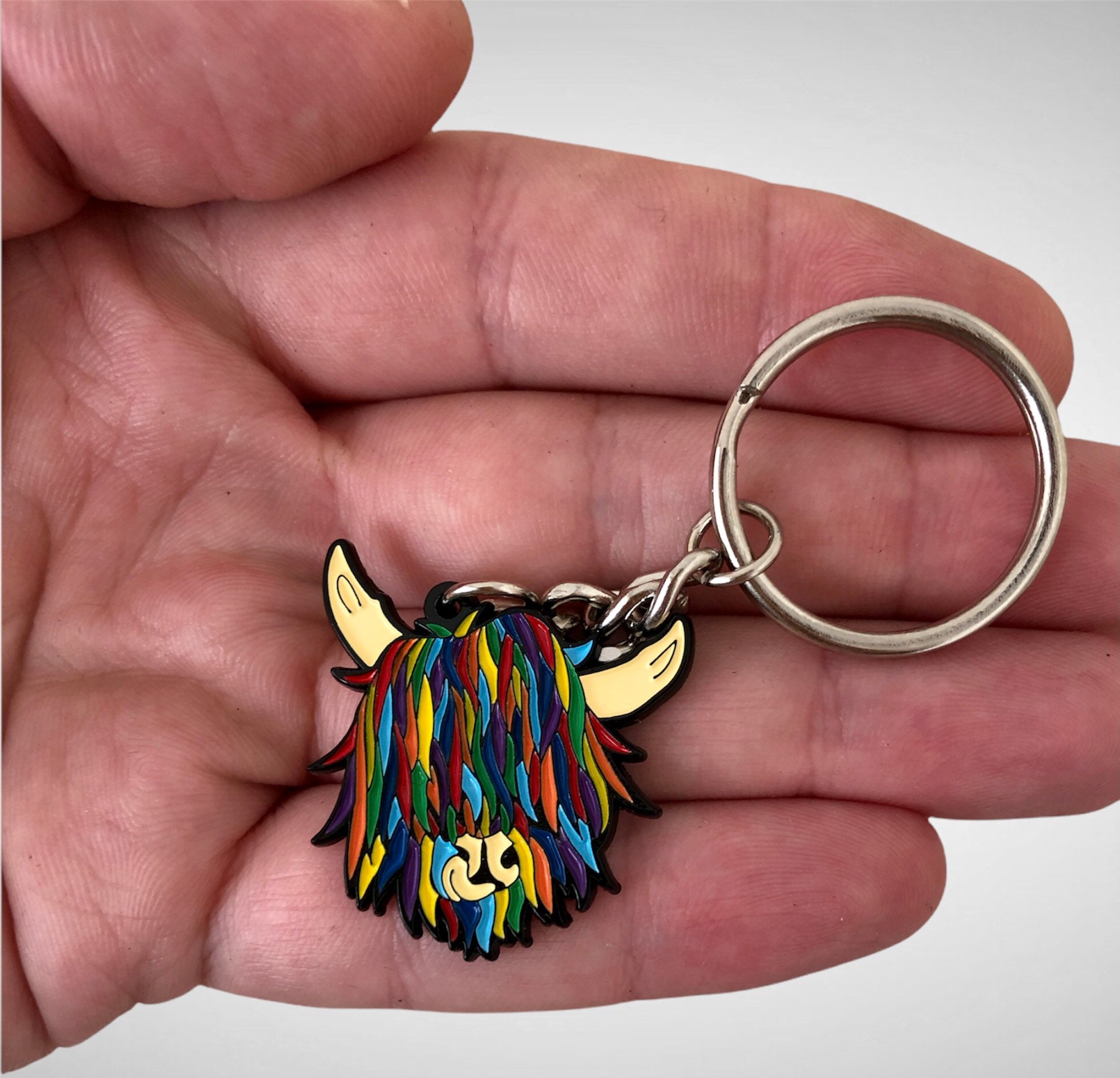 LochNessDesigns1 Rainbow Highland Cow Keyring