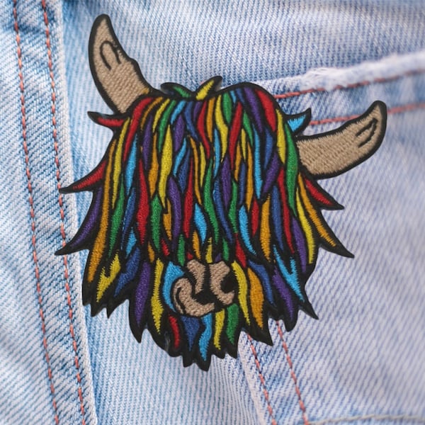 rainbow highland cow patch / iron on patch / sew on patch / highland coo / Scottish gift / embroidered patch