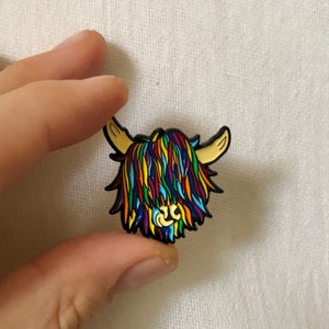 highland cow pin , enamel in rainbow colours , badge , scottish jewellery , scottish gift