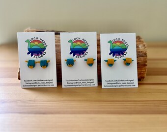 Highland Cow Stud Earrings: Teal & Mustard, Scottish Jewelry