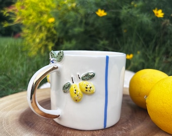 Hand Painted Lemon Ceramic Mug, Blue Stripe, Mediterranean Style Coffee Cup