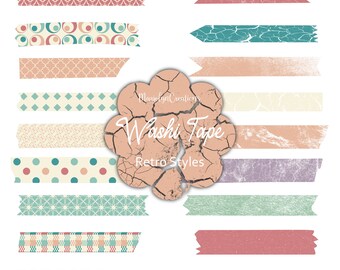 Digital Washi Tape Clipart, Retro Styles and Patterns for Digital Planners, Goodnotes
