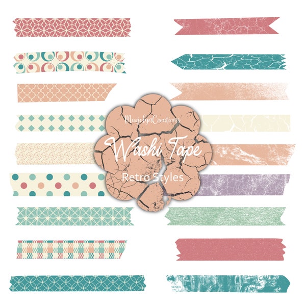 Digital Washi Tape Clipart, Retro Styles and Patterns for Digital Planners, Goodnotes