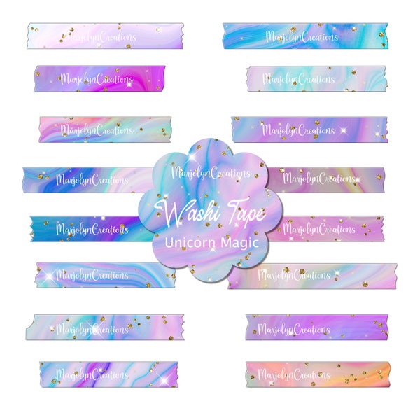 Digital Washi Tape Clipart Unicorn Magic Pastel Holgram Colored Patterns for Digital Planners, Goodnote