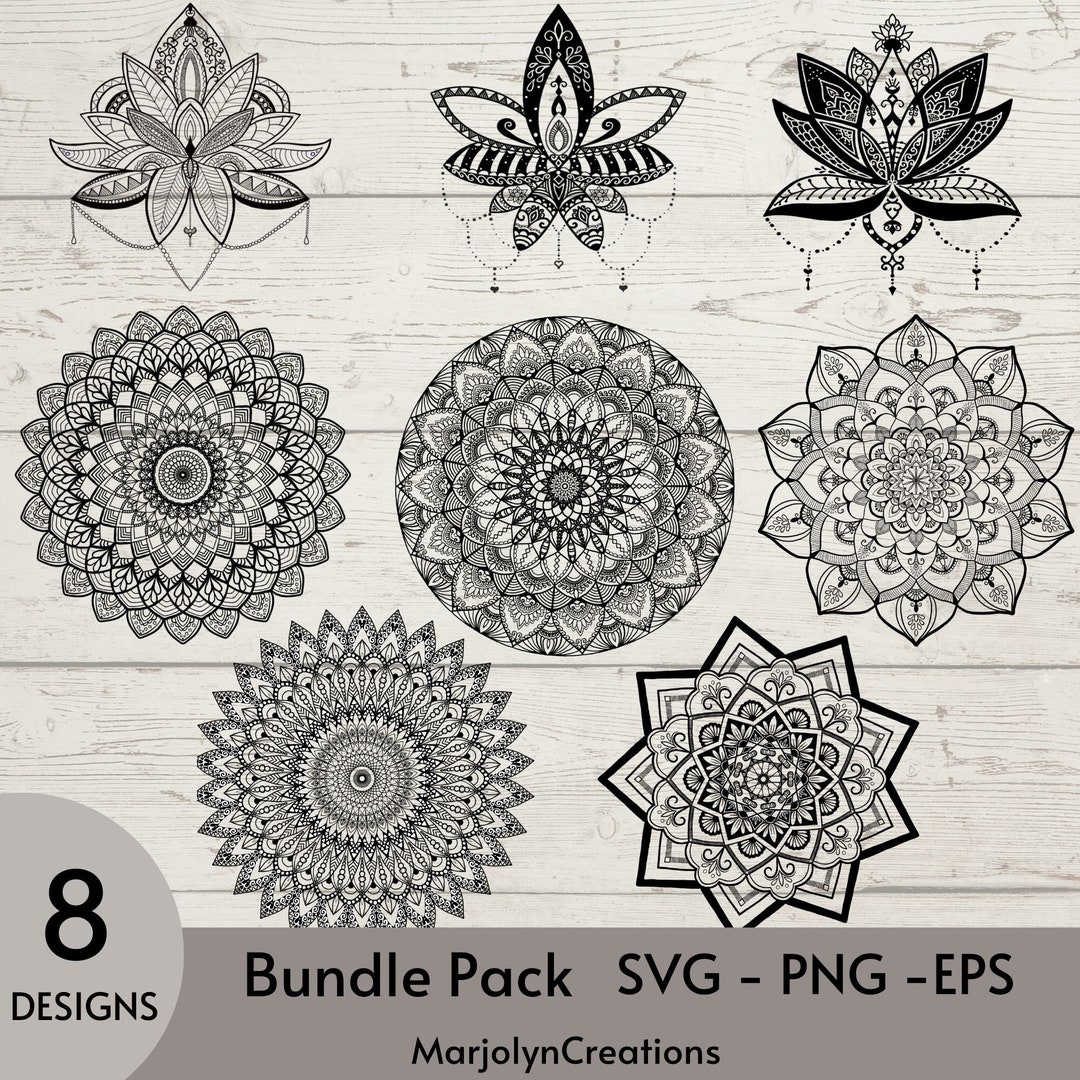 Mandala & Lotus Flower Masterpiece Bundle Pack: 8 Styles; SVG Files for ...