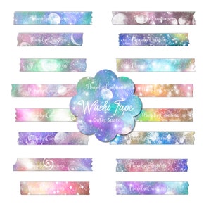 May include: A set of 12 colorful washi tapes with an outer space theme. The tapes feature a galaxy background with stars, planets, and moons. The text "Washi Tape Outer Space" is printed on a purple and blue cloud shape.