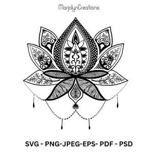 Lotus Mandala SVG, Black and White Floral Design (Digital Download)