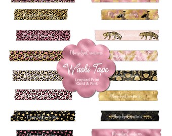 Digital Washi Tape Clipart, Leopard Print_Gold y Pink para planificadores digitales, Goodnotes