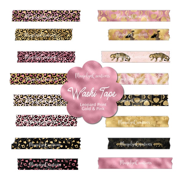 Digital Washi Tape Clipart, Leopard Print_Gold and Pink for Digital Planners, Goodnotes