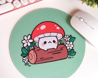 Mushroom on a Log Mousepad - Mouse Mat - Kawaii cute Cottage Core Round