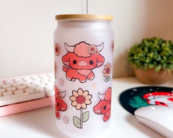 Sunflower Highland Cow Glass Can Cup 16oz - Floral  - Cute Cottage Core Kawaii