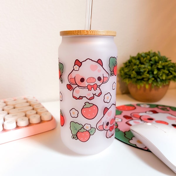 Boîte de conserve en verre Strawberry Cow, gobelet 16 oz, verres libby - Jolies vaches kawaii