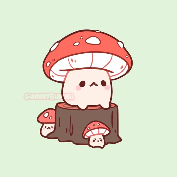 Art Print Mushroom on a log 8x8 Matte Art Print - cute Kawaii red mushroom  cottage core wall art