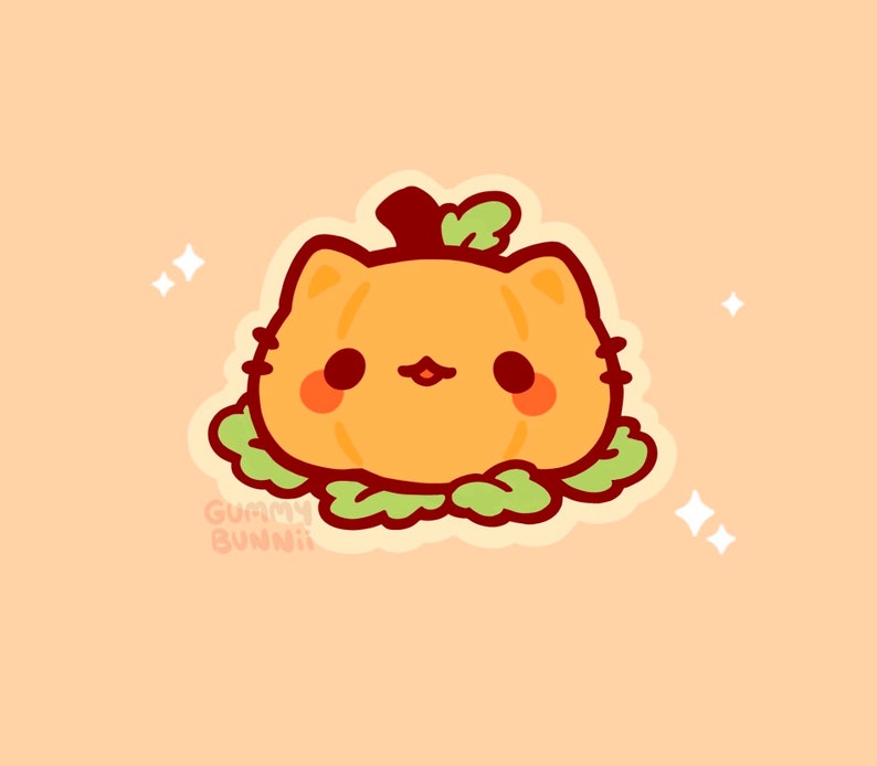 May include: A cartoon image of a cat-pumpkin hybrid. The pumpkin-cat is orange with a green leafy base, dark brown eyes, and rosy cheeks. The image has a light orange background with sparkling star accents and the text "GUMMY BUNNII".