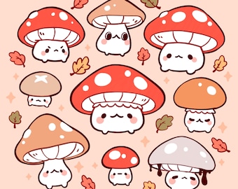 Lámina artística Mushroom Friends 8x8 Lámina artística - Lindos hongos de otoño con núcleo de cabaña Kawaii