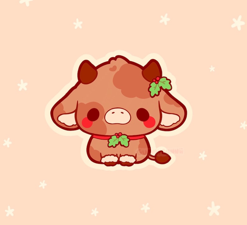 May include: A cute cartoon cow sticker with brown and tan spots, wearing a red ribbon with holly. The cow has large, round eyes and rosy cheeks. The background is a light peach color with white star shapes.