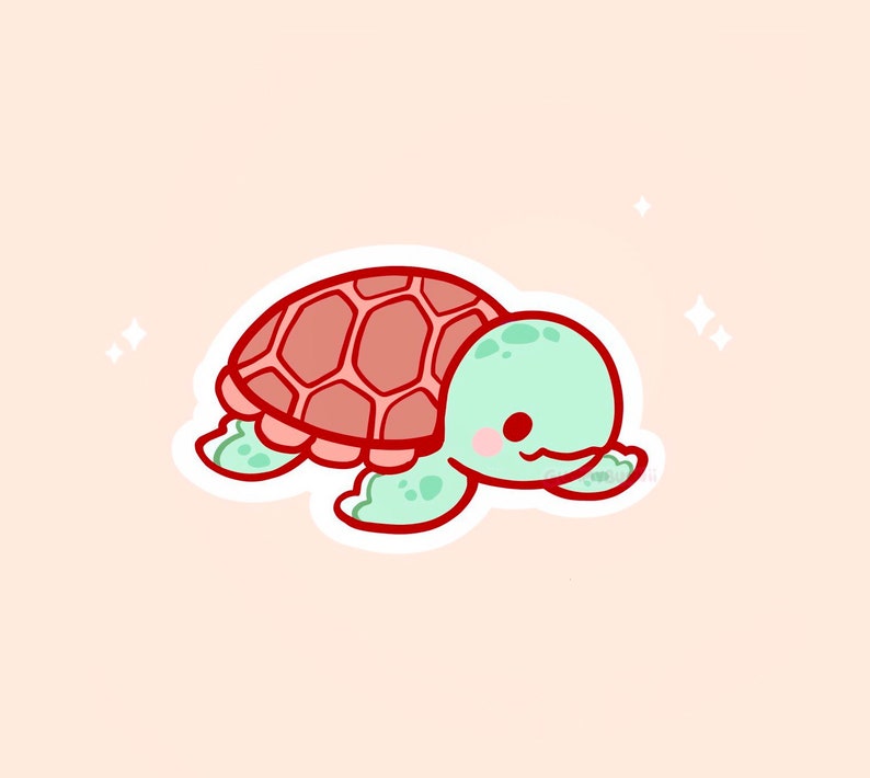 May include: A cute cartoon turtle sticker. The turtle has a light green head and limbs, a reddish-brown shell, and a white outline. The background is a light peach color with two small sparkles.