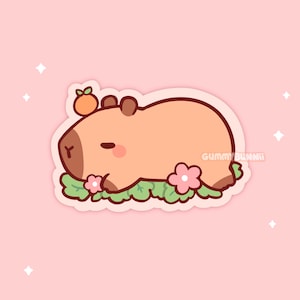 Peut inclure: Autocollant représentant un capybara de dessin animé endormi, de couleur marron clair, sur des feuilles vertes avec des fleurs roses. Il a un petit fruit orange sur la tête et des joues roses. Le texte "GUMMY BUNNII" est inclus.