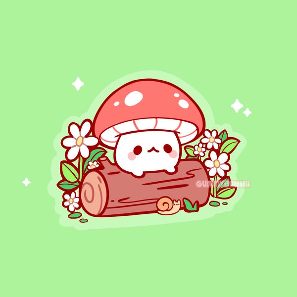 Mushroom friend on a log Sap - Stickers - Cute - Decal cut