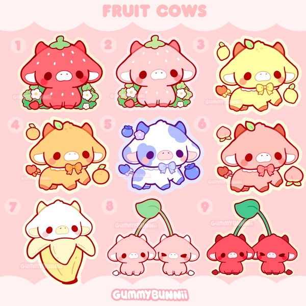 Fruit Cows Vinyl Sticker- Stickers - Cute - Decal cut - strawberry lemon cherry blueberry banana produce
