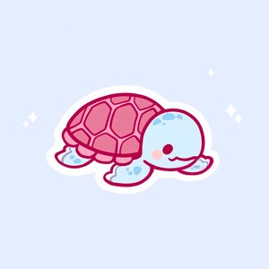 May include: A cute cartoon turtle sticker with a pink shell and a light blue head and flippers. The turtle has a smiling face and is set against a light blue background with sparkling accents.