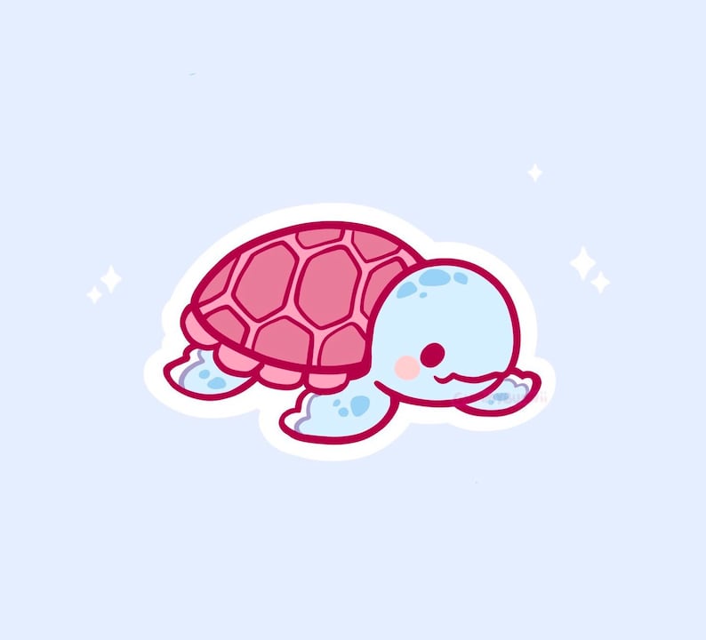 May include: A cute cartoon turtle sticker with a pink shell and a light blue head and flippers. The turtle has a smiling face and is set against a light blue background with sparkling accents.