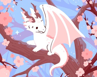 Art Print Cherry Blossom Dragon Matte Art Print - cute Kawaii Sakura Floral Artwork - 5x7 8x10 11x14 - Acid Free